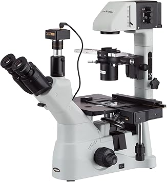 AmScope IN480TC-10M Digital Long Working-Distance Inverted Trinocular Microscope, 40x-1500x, WH10x Plan and WH25x Super-Widefield Eyepieces, Brightfield and Phase-Contrast Objectives, 30W Halogen Illu
