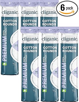 Cliganic Premium 100% Cotton Makeup Remover Pads 540 Count, (Pack of 6)