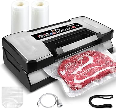 Vakumar Vacuum Sealer Machine, 90Kpa Liquid Food Vacuum Sealer Machine Preservation Dry/Moist/Liquid Modes, LED Indicator Light, Handle Locked Design, Built-in Cutter and Bag Storage, Starter Kit