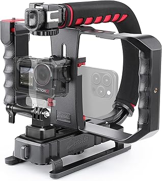 Zeadio Camera Smartphone Handheld Stabilizer, Triple Cold-Shoe Handle Grip Compatible with All Camera Action Camera DSLR Smartphone