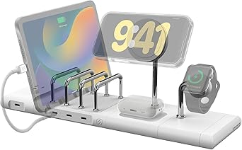 Scosche BaseLynx 2.0 Pro Modular Charging Station: MagSafe Wireless Stand for iPhone, AirPods Charging Pad, Multi Device Phone Charger, Apple Watch Charger & Powered End Cap AC Outlet with USB-C Port
