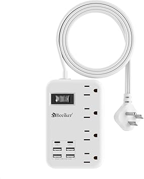 6 USB(2 USB C) Travel Power Strip- Flat Plug Extension Cord 3 Feet with 4.8A 24W USB Charging Station and 4 Outlets, 3 FT Short Extension Cord Portable for Travel Cruise Office College Dorm