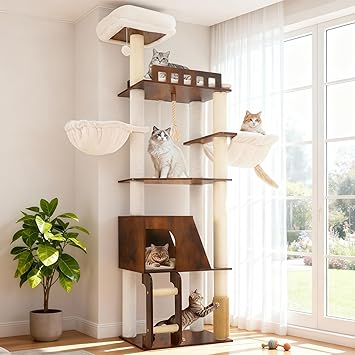 Hey-brother Wooden Cat Tree, 69.7 inch Cats Furniture Tower with Large Platforms, Hammocks, Spacious Condo, Full Sisal Scratching Posts, Ladder, Brush, Water Proof Surface, Rustic Brown MPJ121SR