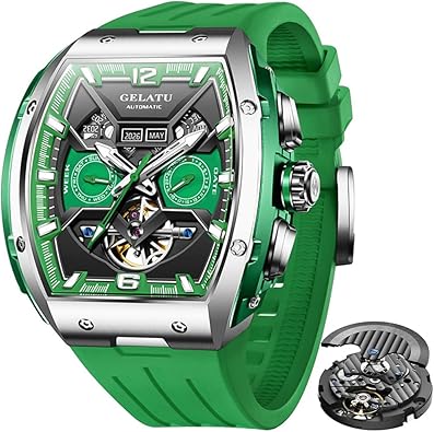 OLEVS GELATU Mens Watch Automatic Tourbillon Wristwatch Skeleton Mechanical Self Winding 50M Waterproof Sapphire Crystal Square Male Watches Yellow/White/Black/Green