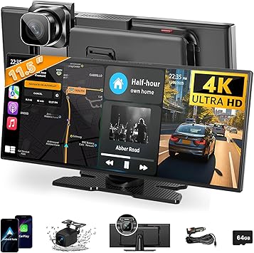 Largest 11.5 inch Wireless CarPlay Screen for Car, A-pple CarPlay & Android Auto HD Touchscreen with 4K Dash Cam/1080P Backup Camera/Navigation/Bluetooth/Voice Control/FM/Mirror Link,for All Vehicles