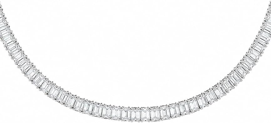 Lab Grown Diamond 18 Carat EVS Emerald Cut 4 Prong Graduated Tennis Necklace for Unisex Gift 14K Gold over, 925 Sterling Silver 18" Inch